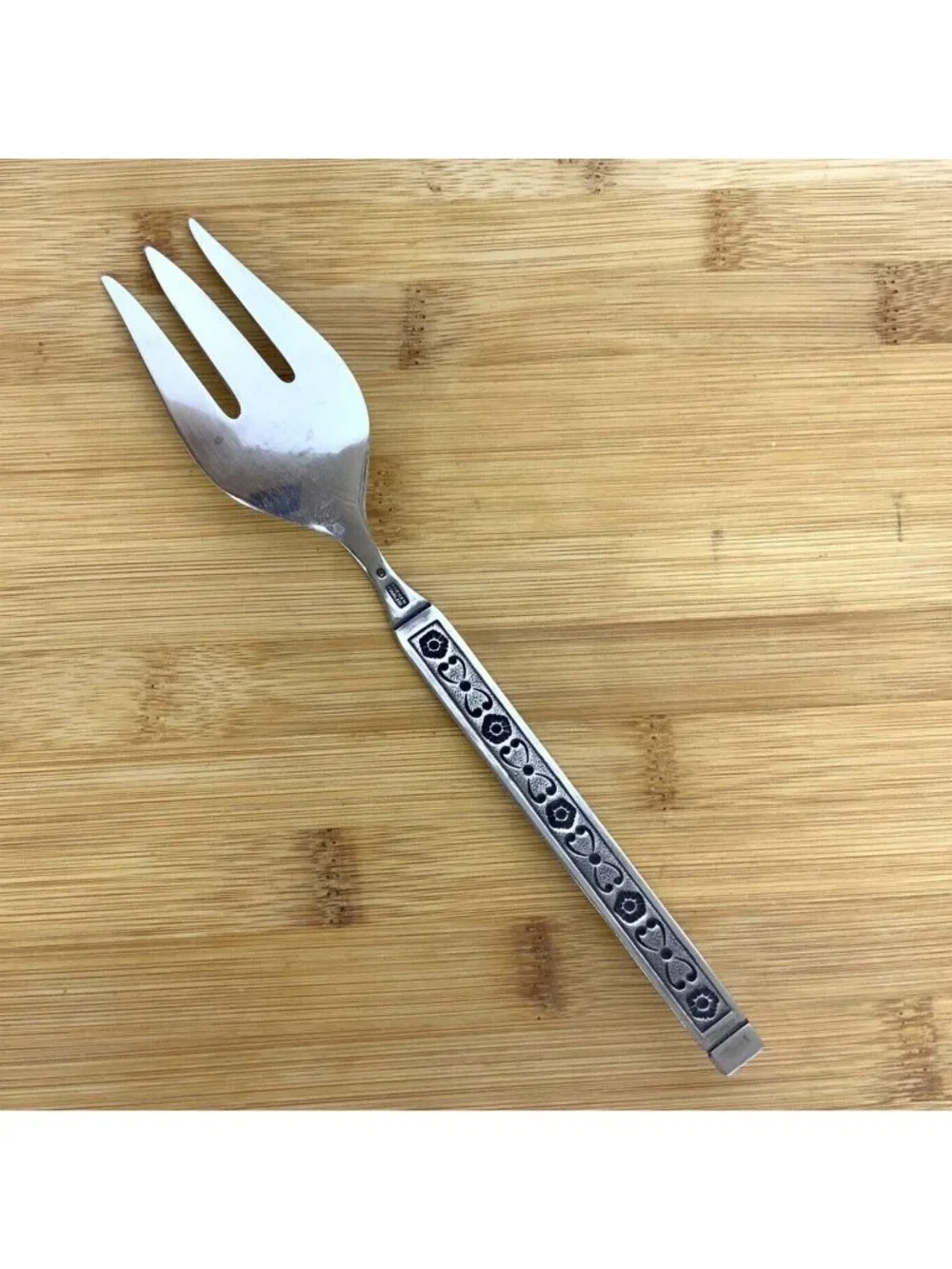 Gorham Hacienda Stainless Steel Meat Fork Floral Black Accent Vintage 1960s